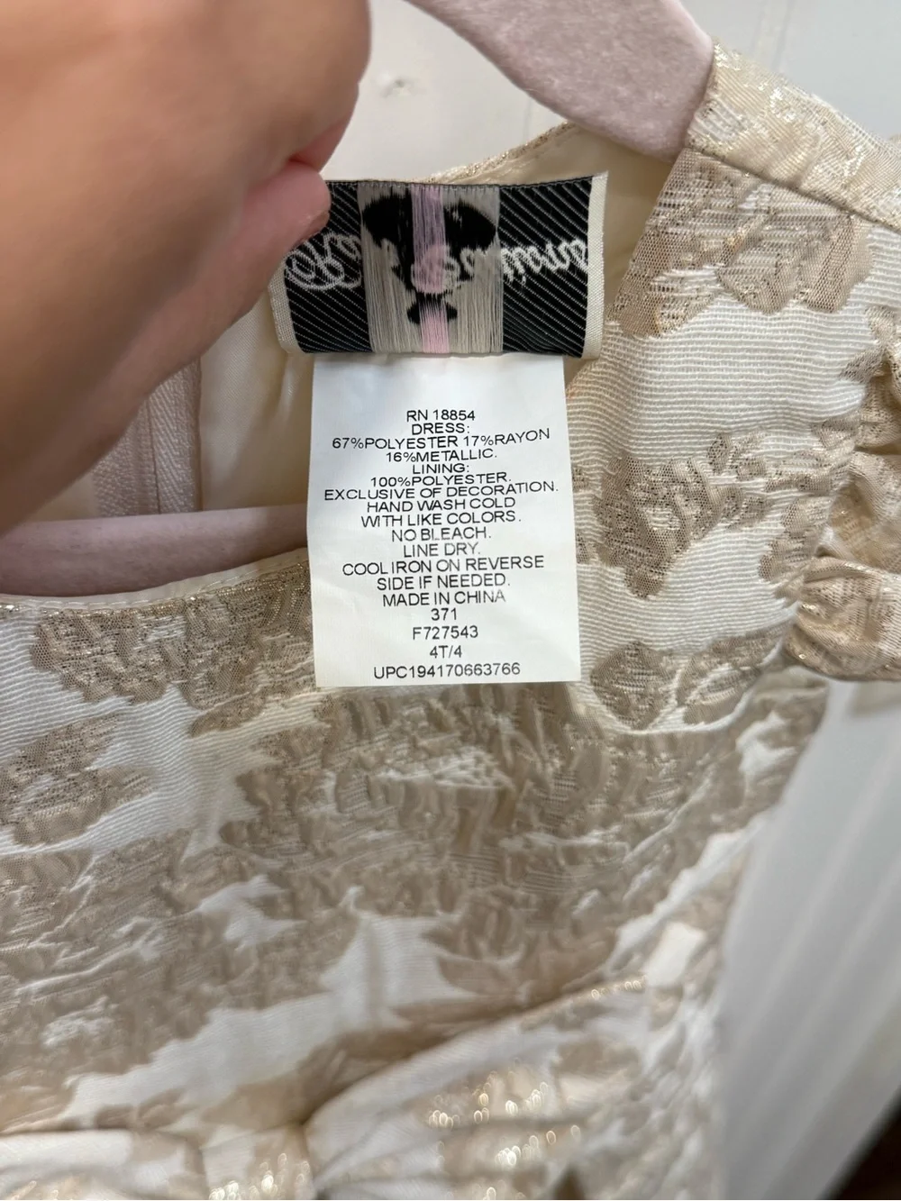 Rare Editions Ivory and Gold Brocade Dress with Bow